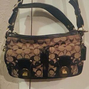 Coach Tan and Black Signature Shoulder Bag